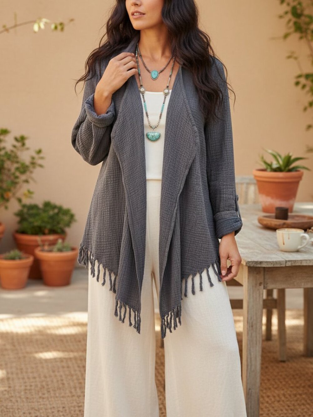 Hem & Thread M Kimono Tunic Top Gray Fringe Boho Chic Cottage Fairy Grunge